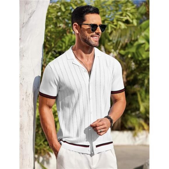 Men's Short Sleeve Knit Shirt Casual Button Down Shirt Vintage Striped - Picture 3 of 6